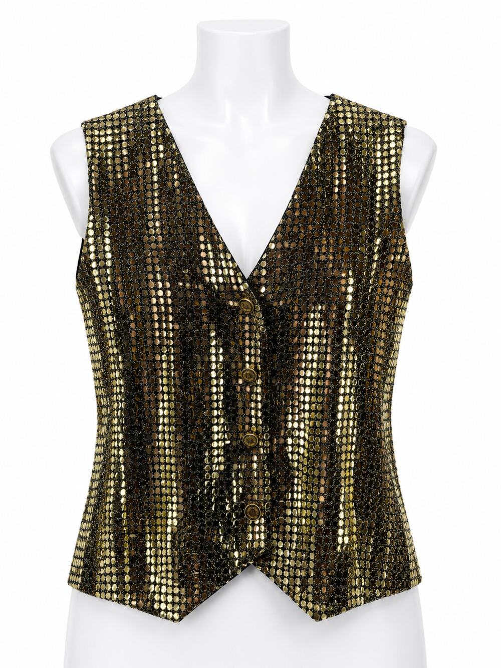 Handmade Gold Metallic Sequin Disco Party Glam Button Front Vest Womens XL